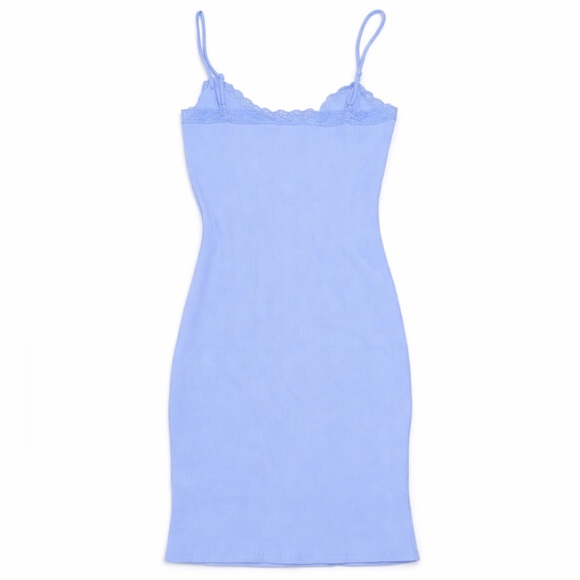 Blue Ribbed Lace Trim Mini Dress Women’s Large - Picture 2 of 2